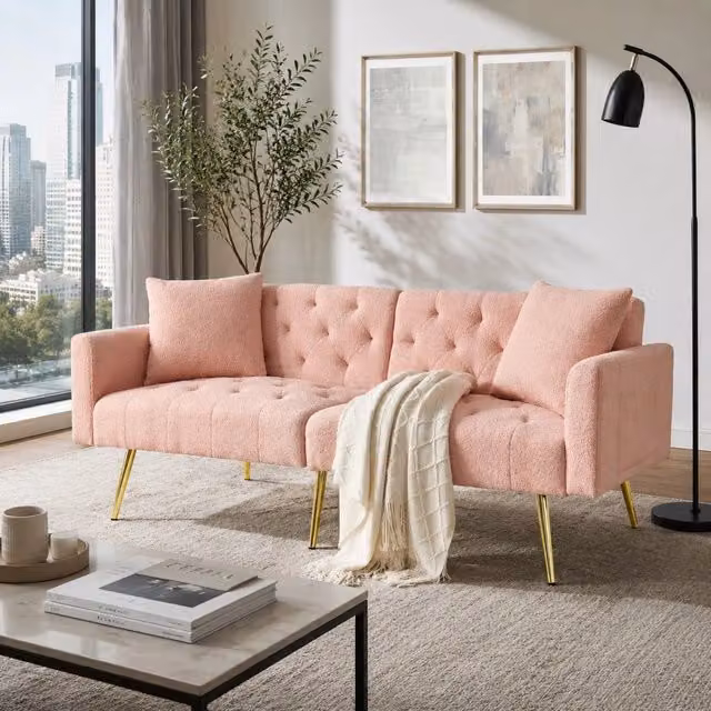 Divano relax a 2 posti Mivray in tessuto bouclé rosa con schienale regolabile, gambe in metallo dorato e cuscini inclusi
