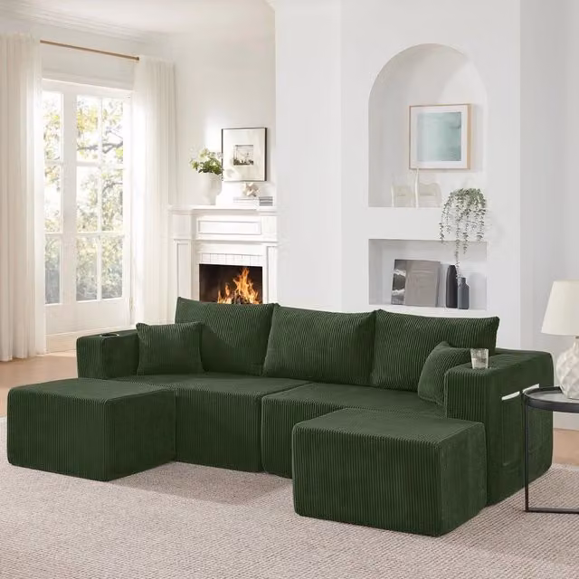 Divano angolare 3 posti ¨C Minimal ¨C velluto verde, con cuscini, porta bevande e tasche laterali