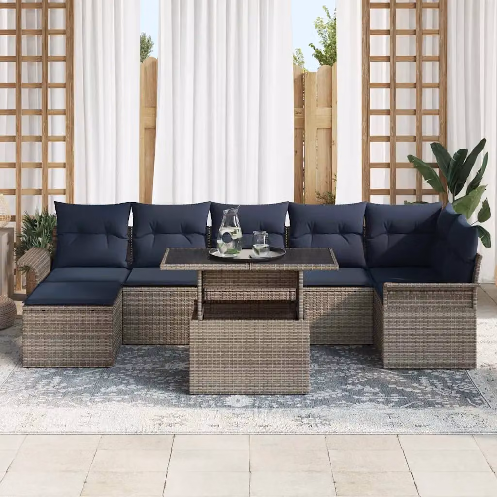 Set Divano da Giardino vidaXL 8 pz in Rattan e Metallo con Tavolo in Vetro Grigio e Blu
