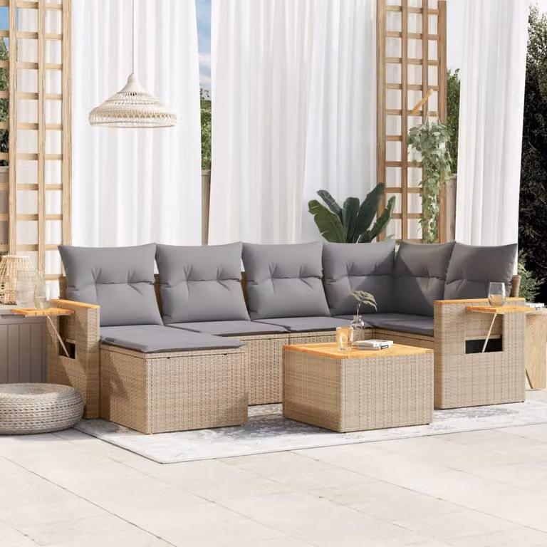 vidaXL Set Divani da Giardino 7 pz a Forma a L in Polyrattan con Cuscini Beige e Tavolino da Esterno