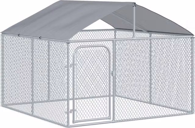 Box Recinto per Cani da Esterno con Tetto in Acciaio Zincato Ampia Recinzione da Giardino Robusta e Resistente 5 m² 230 x 230 x 175 cm