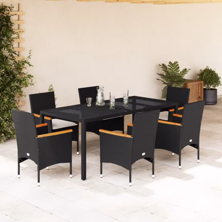 Set Pranzo da Giardino vidaXL 7 pz in Polyrattan e Legno di Acacia con Piano in Vetro Nero e Bianco