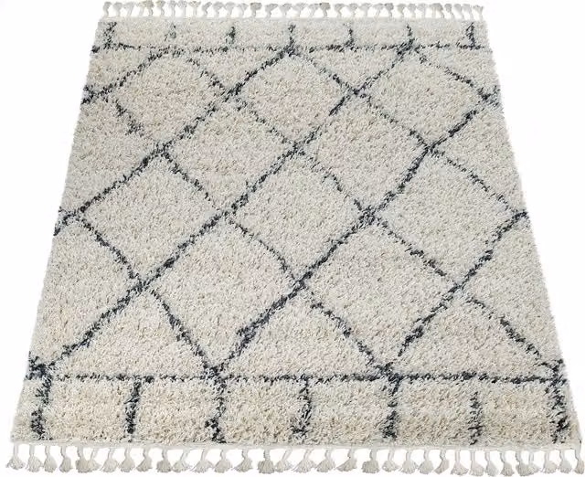 Tappeto a pelo alto Nadori beige con frange, stile etnico e moderno, L: 150 cm x P: 80 cm