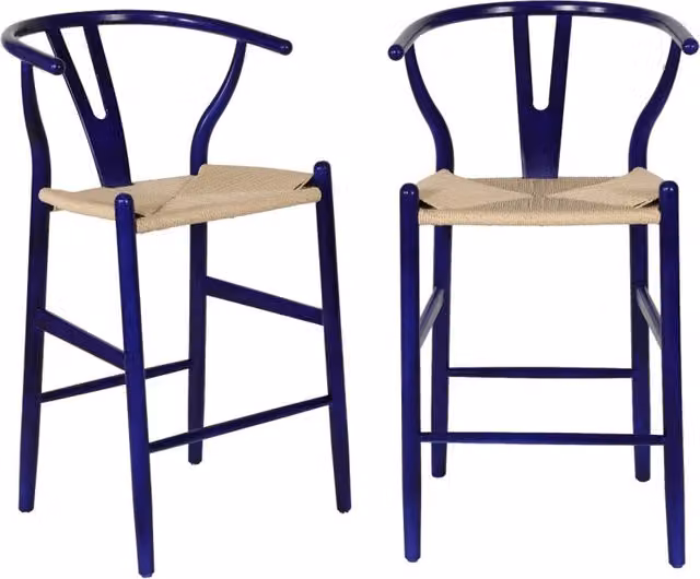 Set 2 sgabelli da bar vintage in legno di faggio e corde, blu