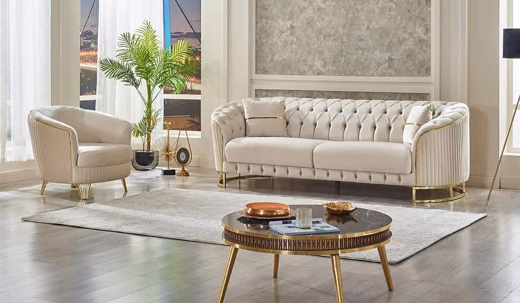 Modern Sofa Dreisitzer Couch Weiß Sessel Chesterfield Wohnzimmer Textil
