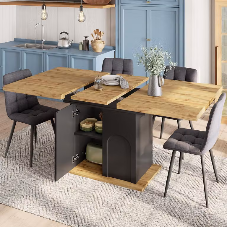 Tavolo allungabile telescopico, dimensioni 110-140x80 cm, pieghevole, adatto per 4-6 persone, realizzato in MDF