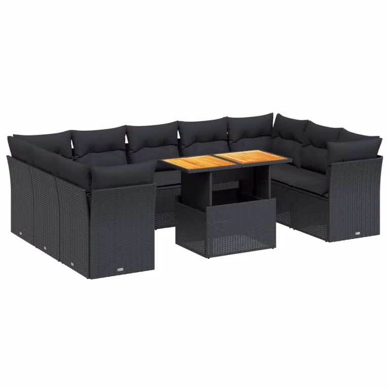 Set Divani da Giardino 10pz con Cuscini in Polyrattan Nero
