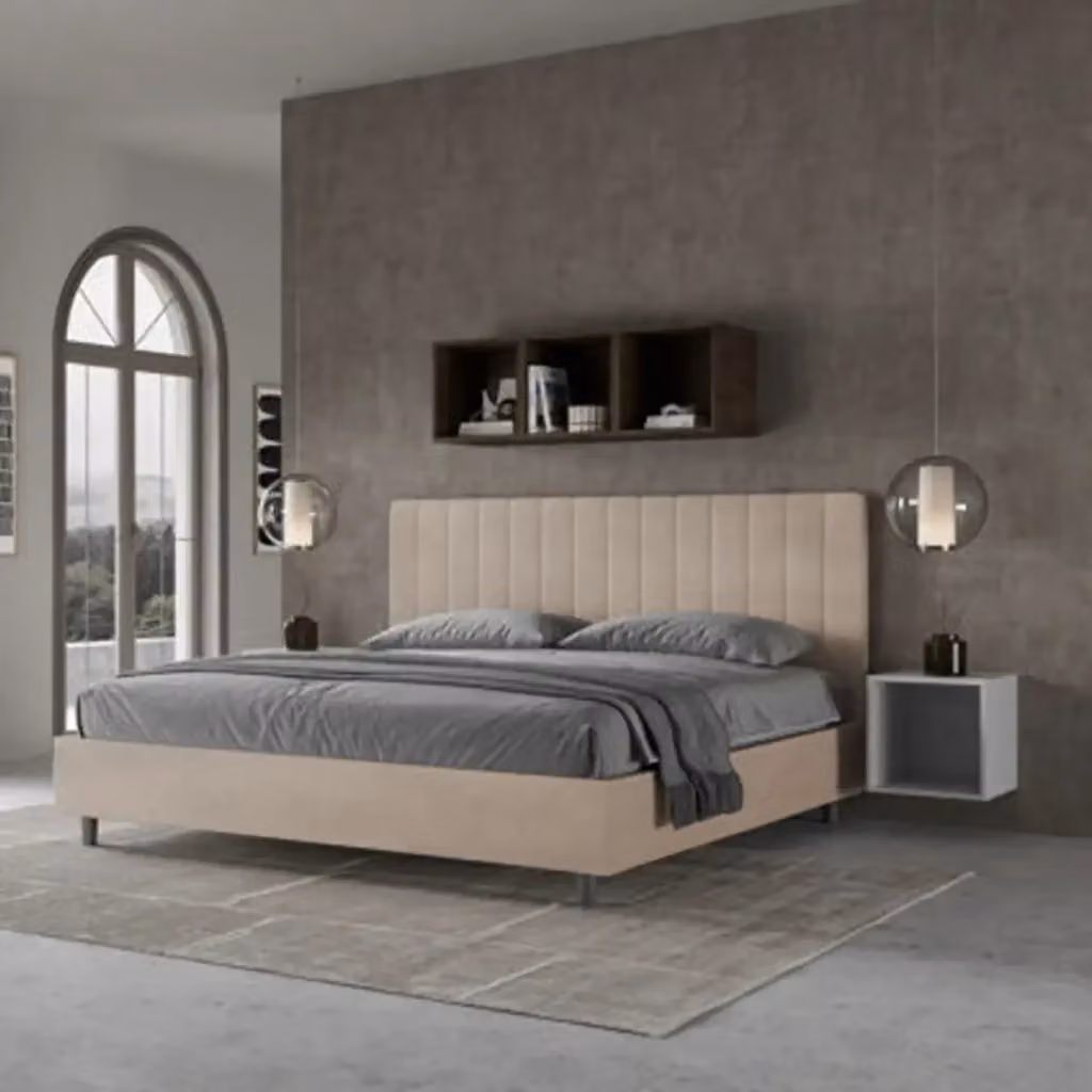 Letto matrimoniale king size Agueda Ityhome con contenitore imbottito in microfibra colore sabbia L: 180 cm, P: 210 cm, H: 230 cm – 2