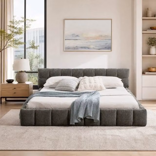 Letto matrimoniale Mivray con rivestimento in ciniglia trapuntata grigio, L/P: 160 x 200 cm