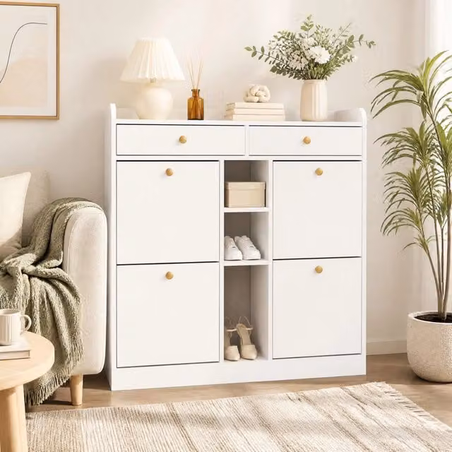 Scarpiera ULEVR 110x26x100 cm con 4 ante a ribalta, 2 cassetti e 3 vani aperti, bianca