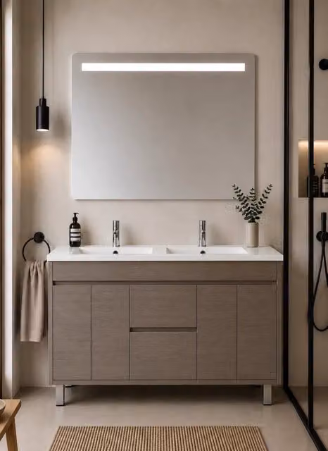 Mobile bagno con lavabo ORIGENBATH ISQUIA senza specchio 120x45 cm doppio lavabo rovere smoky