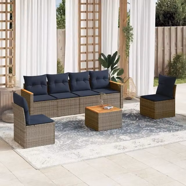 Set Divani da Giardino 7 pz con Cuscini Grigio in Polyrattan 3225872