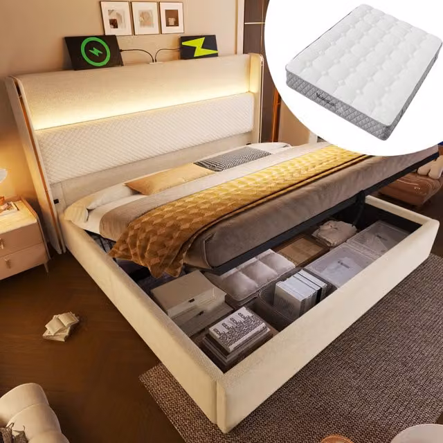 Letto idraulico 140x200 cm con testiera alta; LED; contenitore; USB/Type-C; beige; materasso incluso