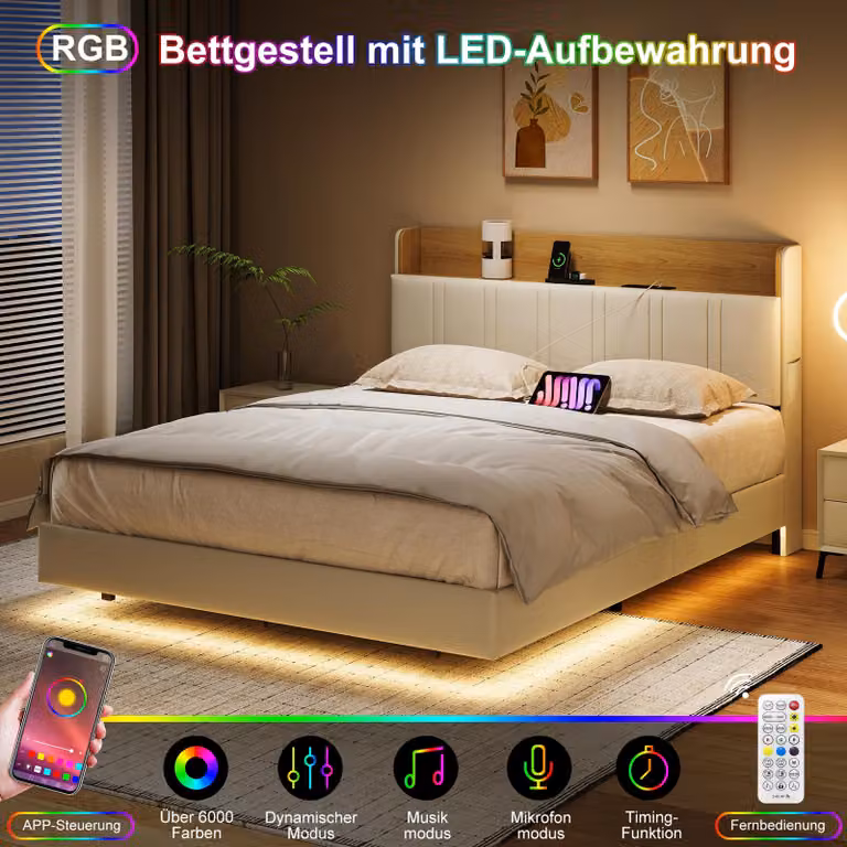 Letto imbottito UnboxG 140x200 cm inPoliuretanobeige con effetto rovere chiaro, design sospeso con illuminazione a LED RGB, vano portaoggetti nella testiera, stazione di ricarica (prese UE + USB-C + USB) e tasche laterali, solida struttura del letto per l