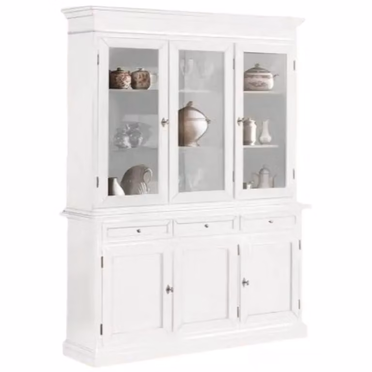 Cristalliera in legno di pino stile shabby chic bianco con 3 ante e ripiani interni Mobili 2G L/P/H: 156 x 42 x 205 cm