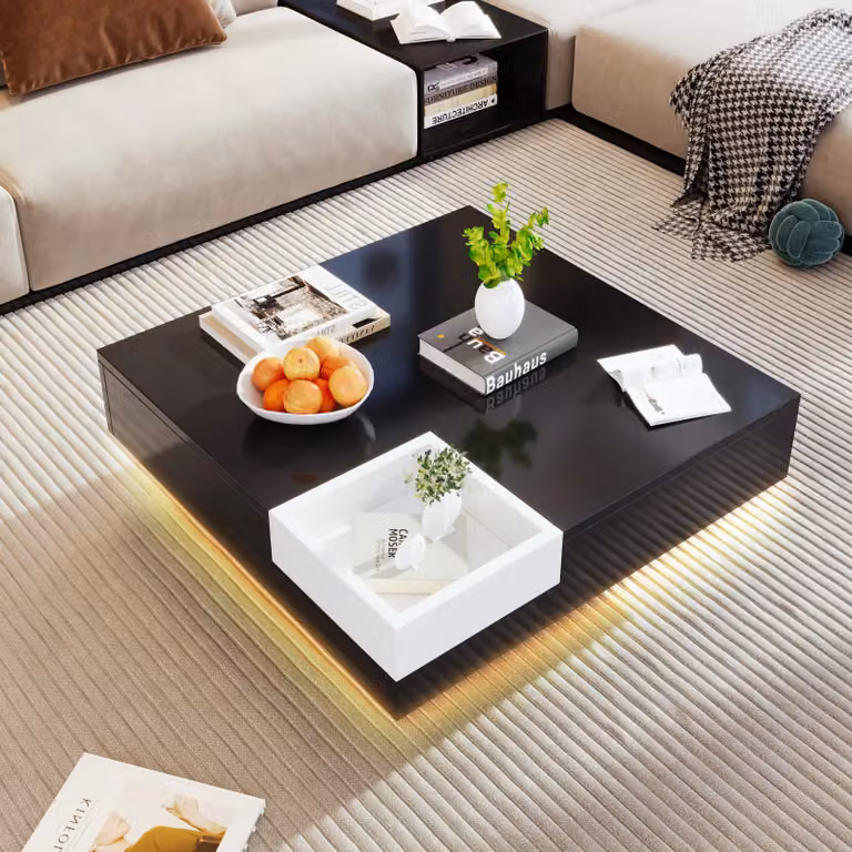 Tavolino quadrato a LED, tavolino da salotto, tavolino con contenitore estraibile, nero