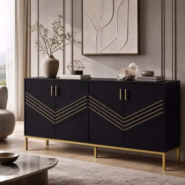 Sideboard moderno MODFU a 4 ante in MDF nero e oro con finitura opaca L: 160 cm, P: 40 cm, H: 80,5 cm