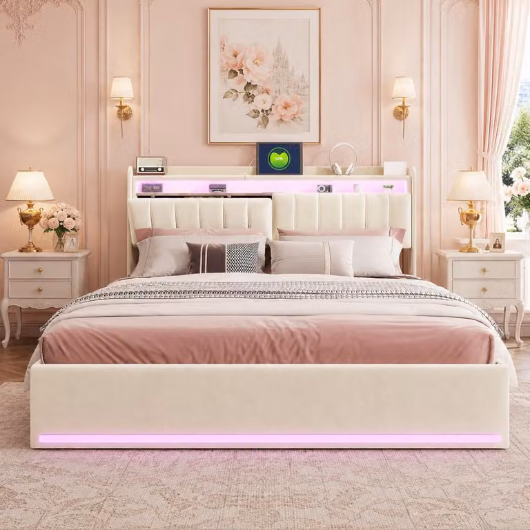 Letto imbottito INONEFT 140x200 cm con sistema di sollevamento idraulico e spazio contenitore, letto a molle con LED e porta USB di tipo C, letto matrimoniale per giovani con rete a doghe e contenitore, rivestito in velluto color beige