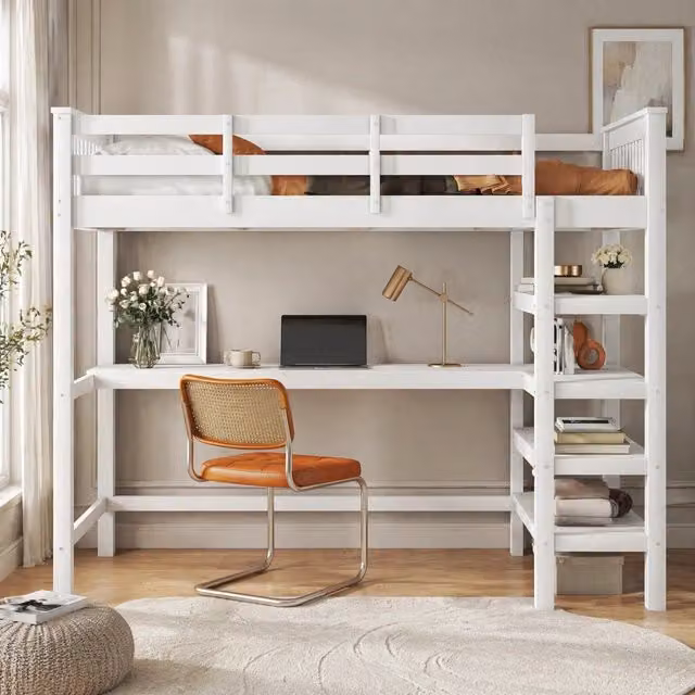Letto a soppalco per bambini 90x200 cm con scrivania e scaffali, bianco, senza materasso