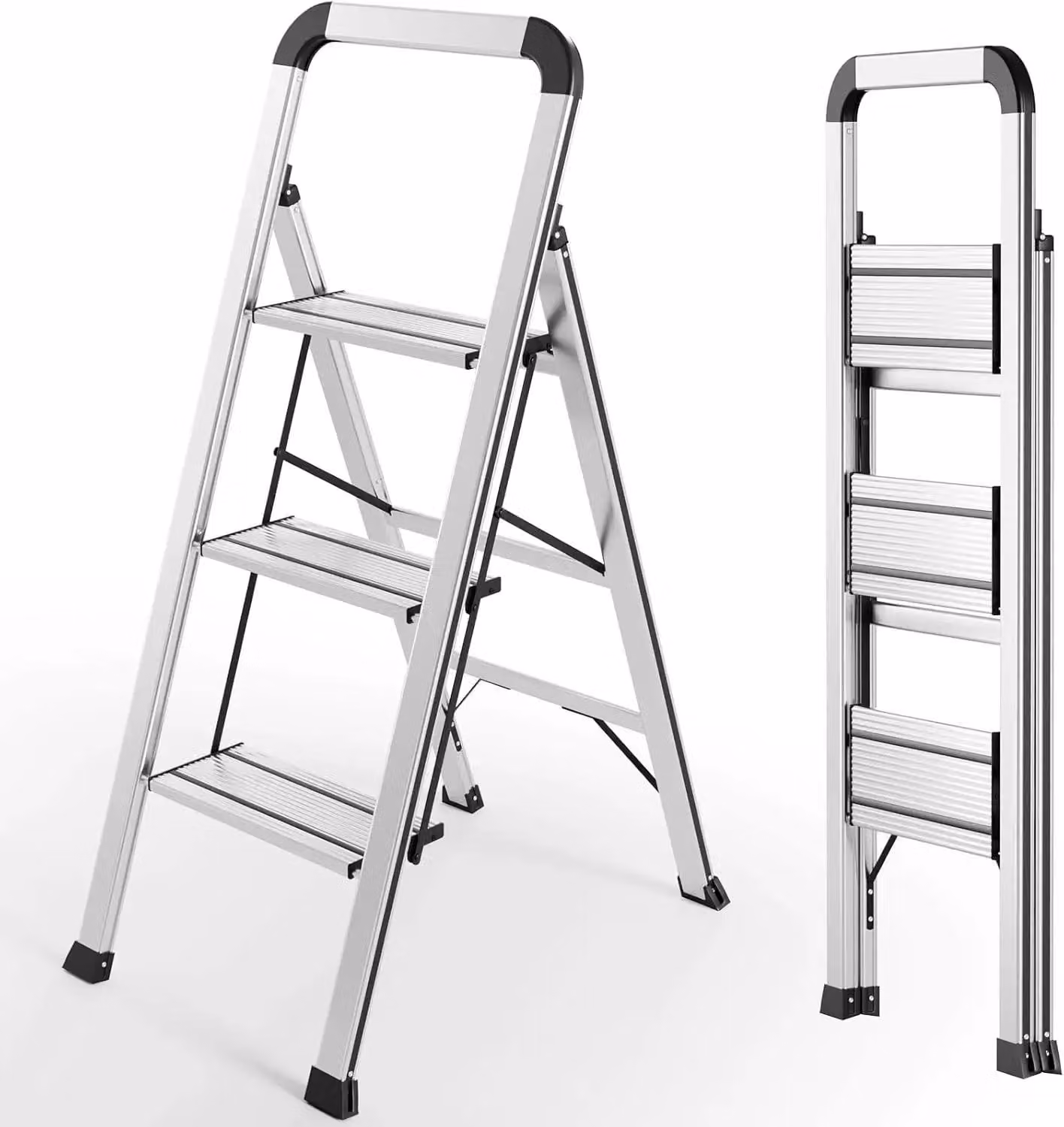 Scala a pioli in alluminio con corrimano - Scala pieghevole a 3 gradini per uso domestico - Antiscivolo - Leggera - Portata 150 kg - Altezza 44–103 cm - Argento