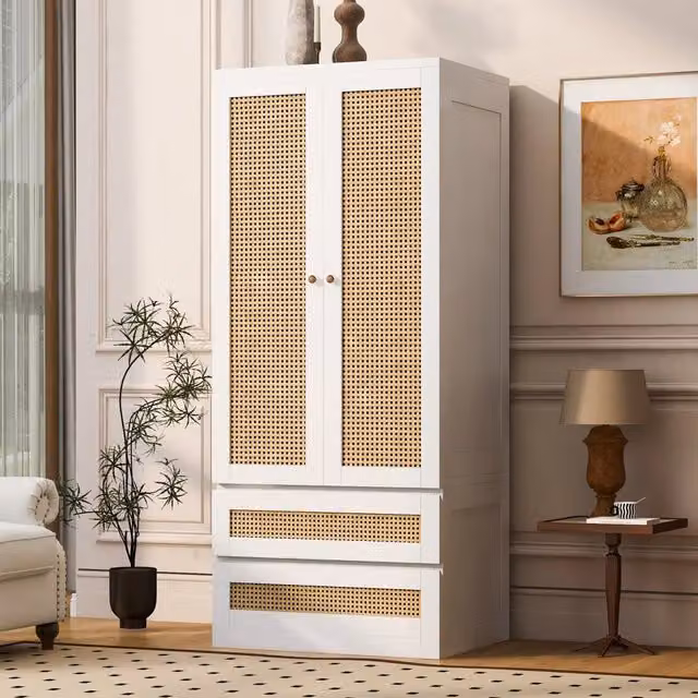 Armadio guardaroba a doppia anta con 2 cassetti in effetto rattan bianco L: 70 cm, P: 55 cm, H: 170 cm