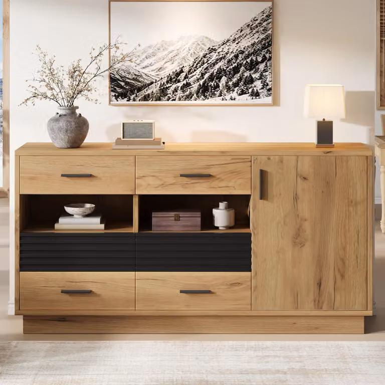 Mobile contenitore laterale Merax con 6 cassetti e 1 anta, armadio per soggiorno con 12 scomparti, mobile contenitore con chiusura ammortizzata, in MDF, effetto legno nero