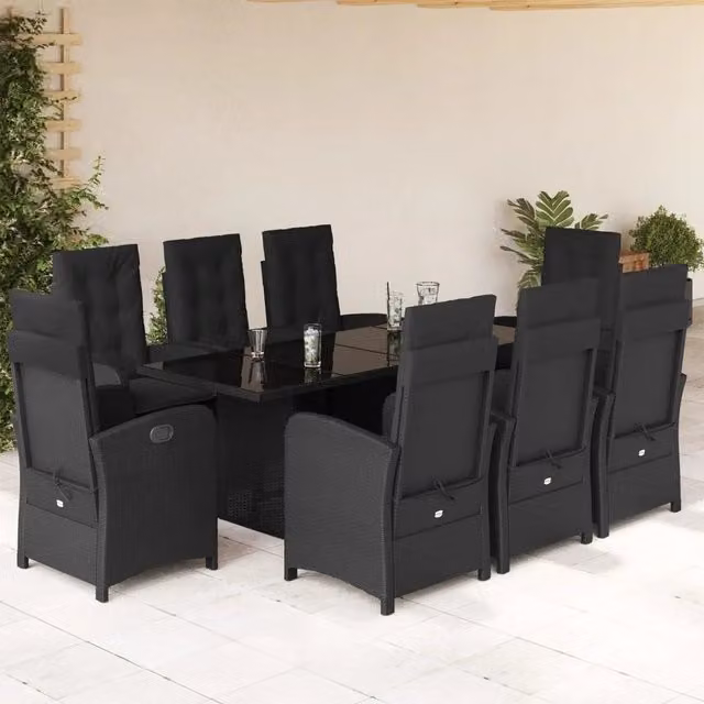 Set da pranzo da giardino moderno vidaXL in polyrattan nero con cuscini e tavolo in vetro per 9 persone