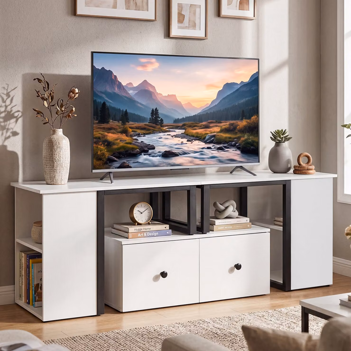 Mobile porta TV angolare Costway bianco con 2 cassetti e 4 scomparti aperti per soggiorno e camera da letto