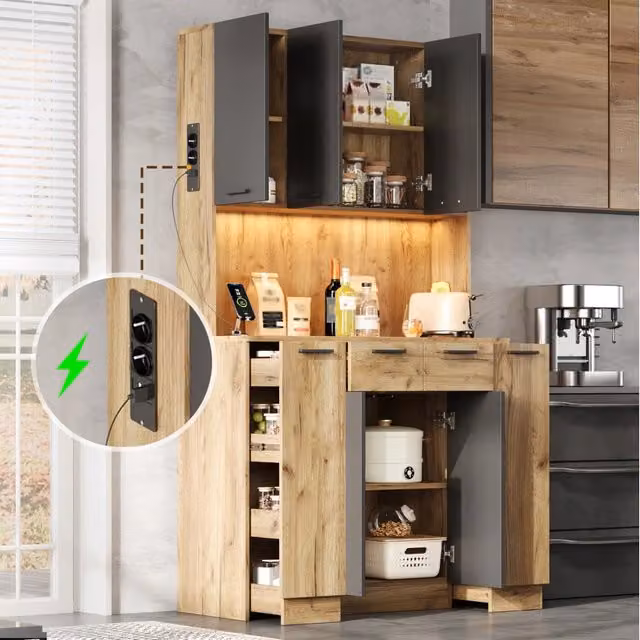 Mobile colonna da cucina con LED RGB prese e 4 cassetti verticali in MDF nero naturale 100 × 40 × 180 cm