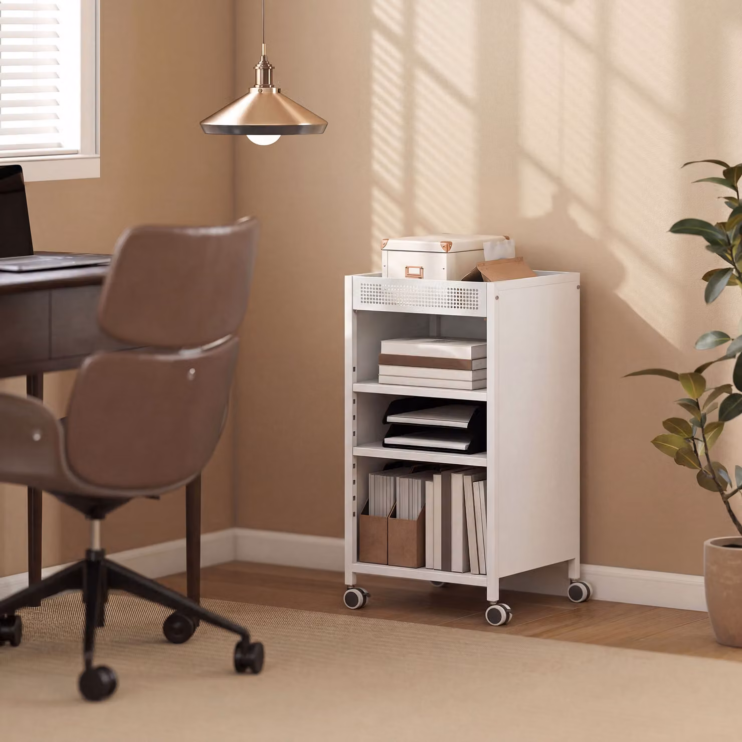 Libreria mobile HOMCOM con ripiani regolabili e carrello a 3 livelli con cestello superiore, colore bianco – 2
