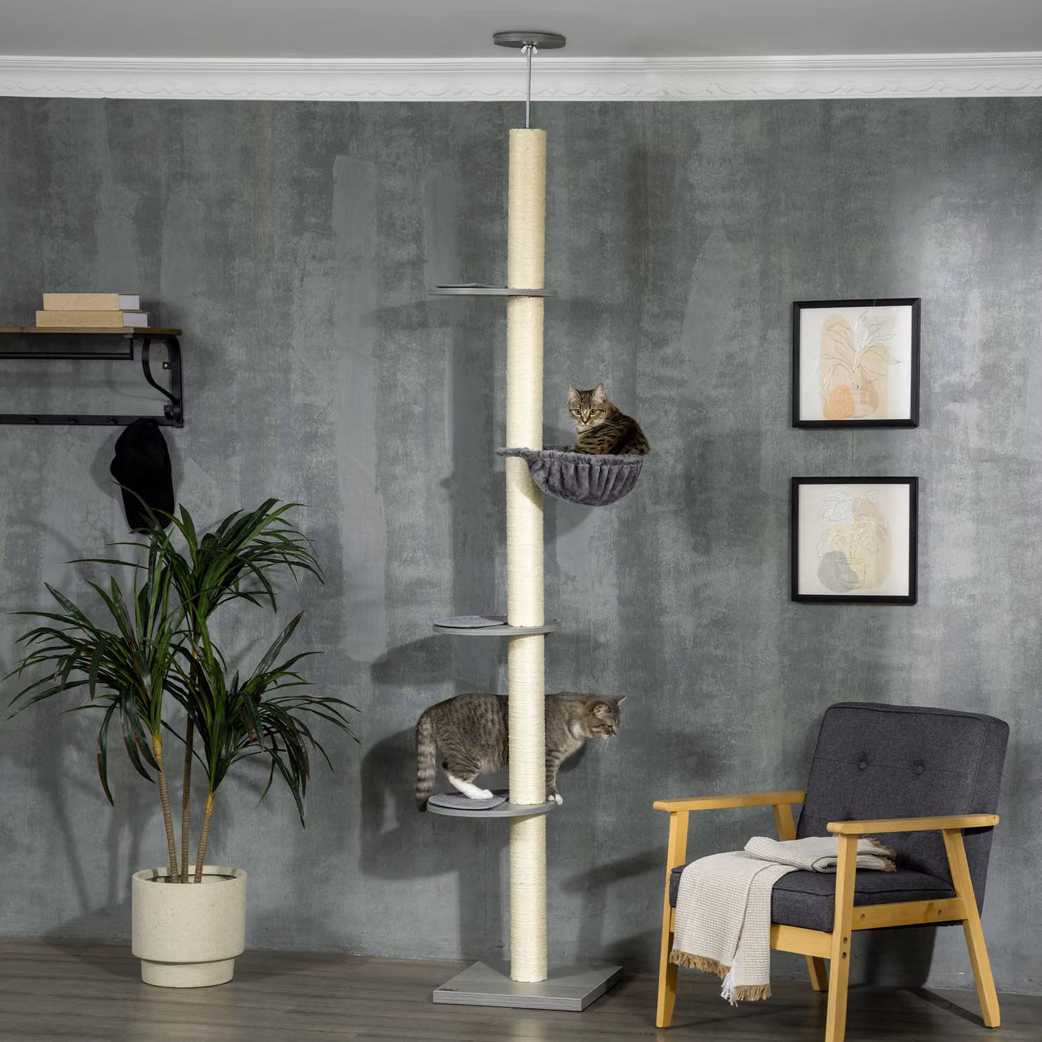 Albero per gatti PawHut con amaca e fermaglio a soffitto, Grigio e Bianco crema, L/P/H: 40 x 40 x 250 cm – 2