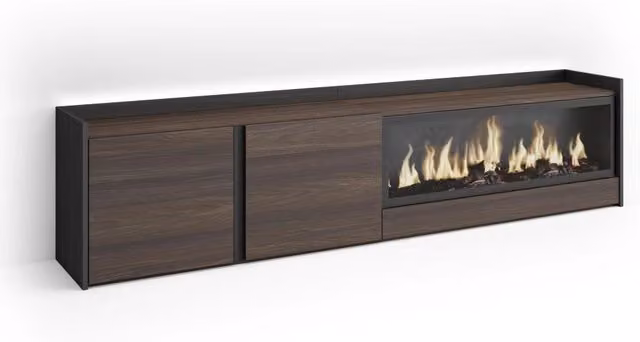 Mobile TV Soggiorno, 212x50x35 cm, Per TV fino a 80", Camino elettrico XXL, LED, Rovere scuro e Nero