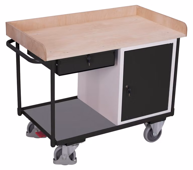 Carrello da officina VARIOfit con maniglia scorrevole, armadietto, cassetto e 2 ripiani portanti fino a 1125x630 mm, colore grigio antracite RAL 7016