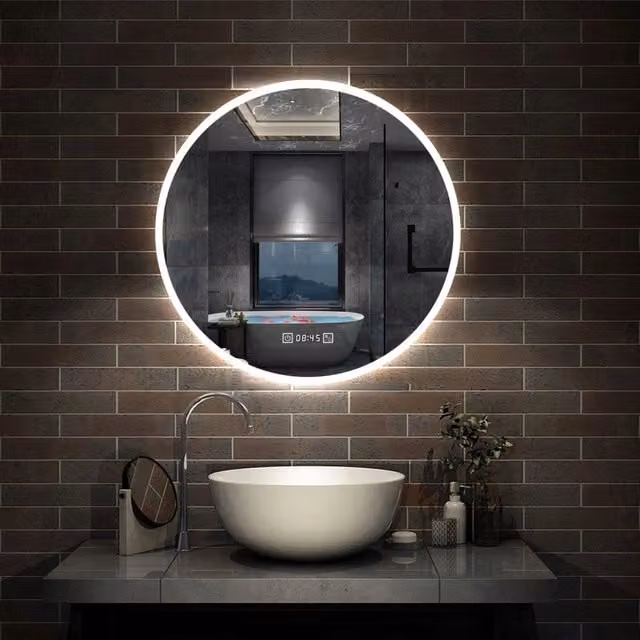 Specchio da bagno rotondo Aica Italy con LED, 3 temperature di colore, funzione antiappannamento e orologio, colore bianco, Diametro: 80 cm