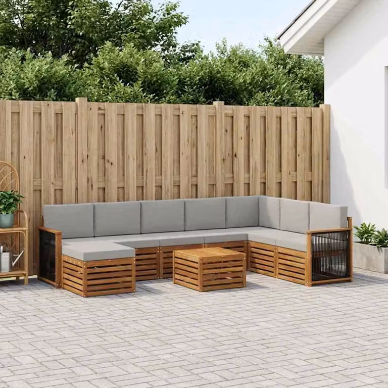 Set di divani da esterno vidaXL 9 pz in legno di acacia con cuscini, forma a L, beige e grigio