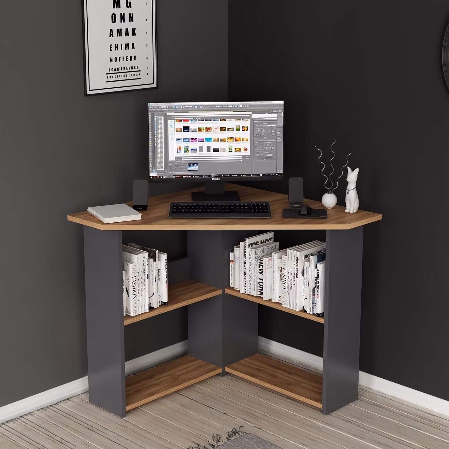 Scrivania angolare a L HOMIDEA – Scrivania moderna con ripiani per l'ufficio, lo studio e l'home office (noce/antracite)