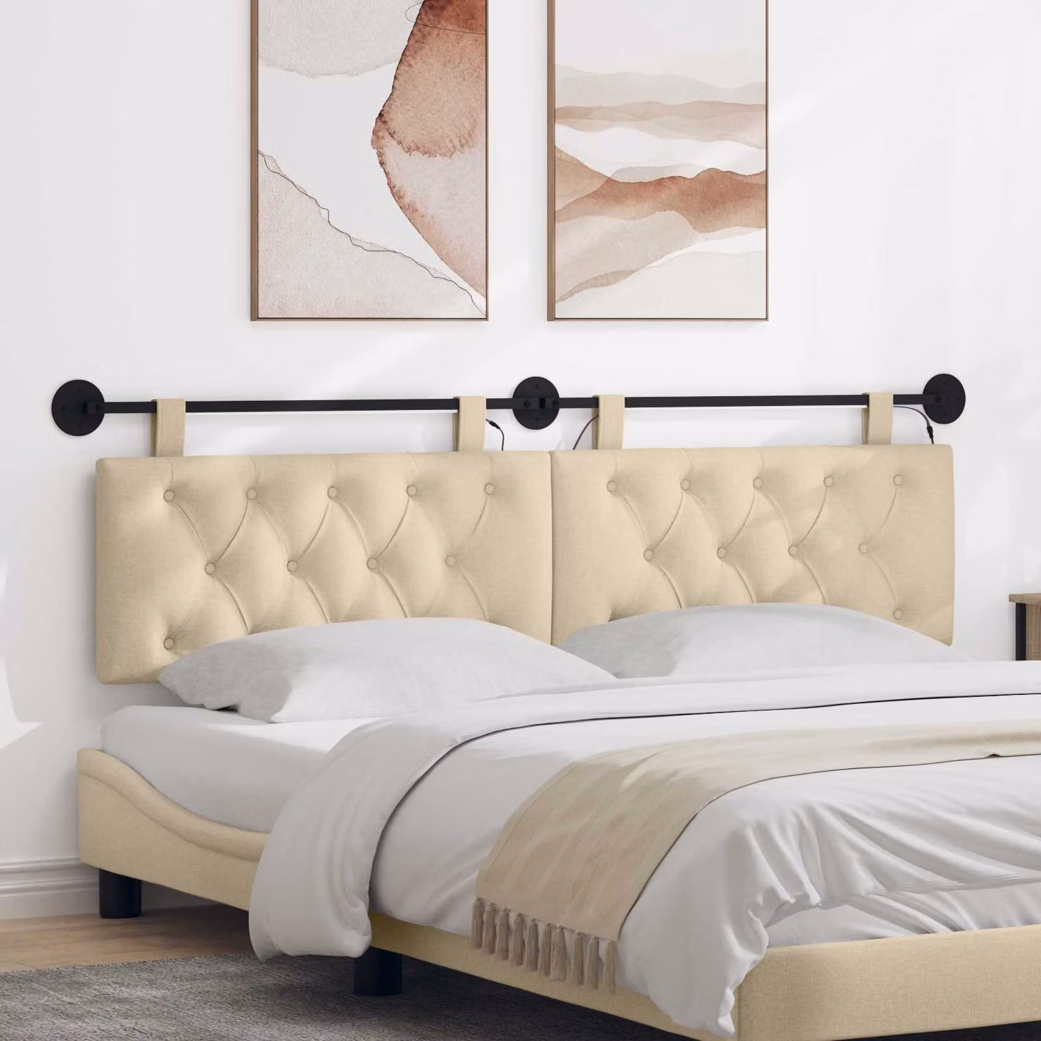 Testiera per letto sospesa vidaXL con luce LED integrata in tessuto beige L: 170 cm, H: 55 cm, P: 7 cm