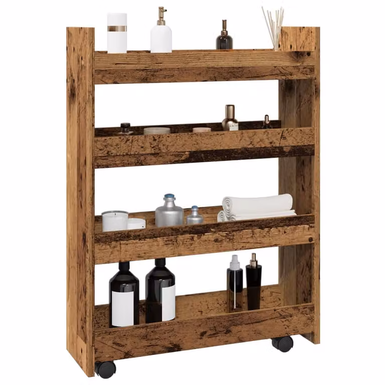vidaXL Carrello Stretto a 4 Livelli in Legno Antico Marrone con Ruote per Cucina, Soggiorno o Bagno, L/P/H: 60 x 20 x 82 cm