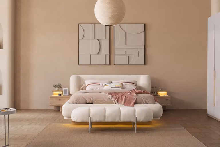 Set per camera da letto composto da: 2 comodini, struttura del letto, testiera del letto, panca da letto. Design elegante