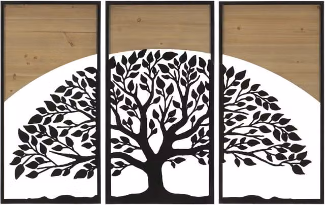 Set di 3 Pannelli da Muro Arc Albero della Vita Vikasa Home in Metallo e Legno, Colore Nero e Marrone, H 105 x L 70 cm