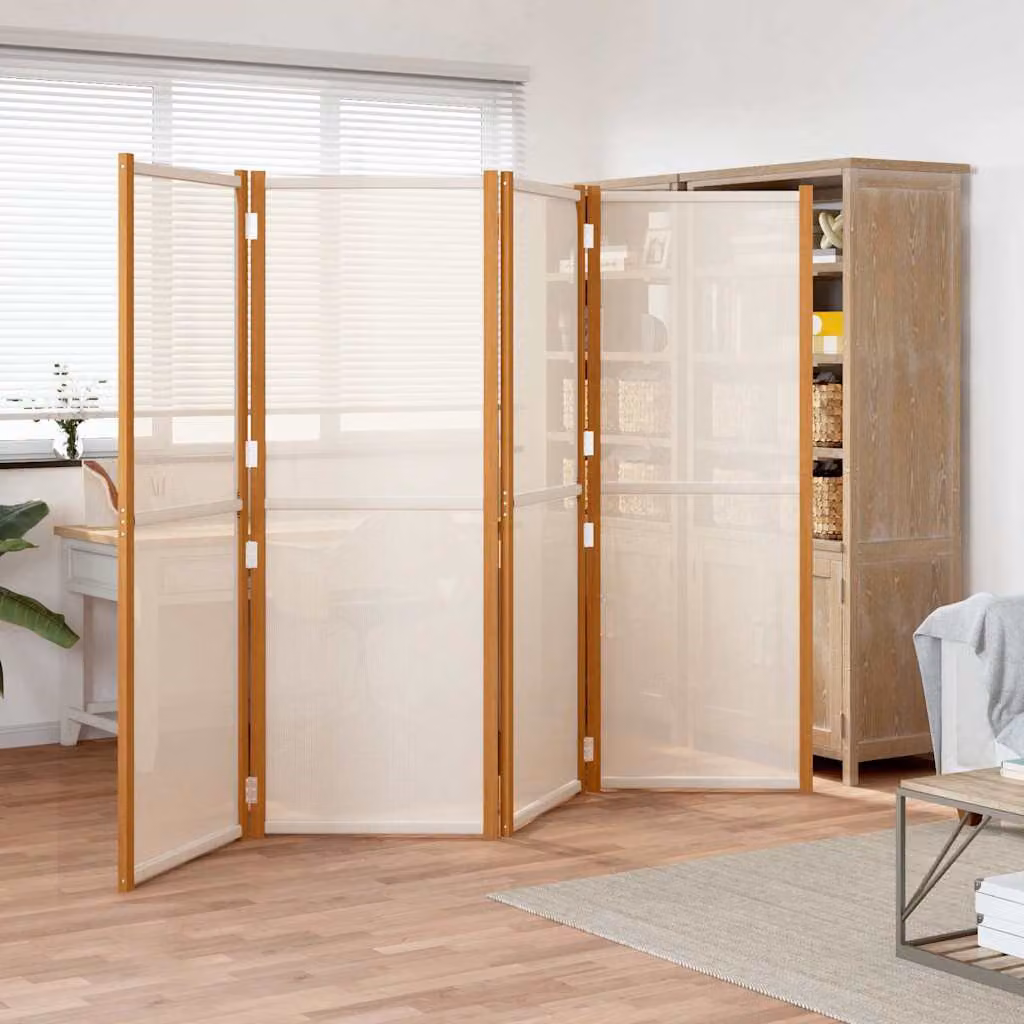 Divisorio a 4 Pannelli vidaXL in Legno di Acacia Oliato e Textilene, Bianco e Beige, L 280 cm x H 180 cm