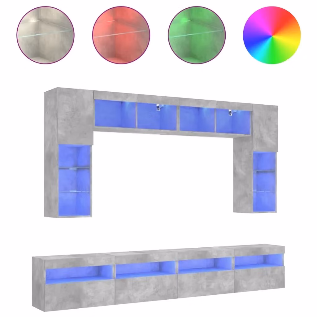 Set Mobili TV a Muro Moderno vidaXL in 8 Pezzi con Luci LED Grigio Opaco – 2