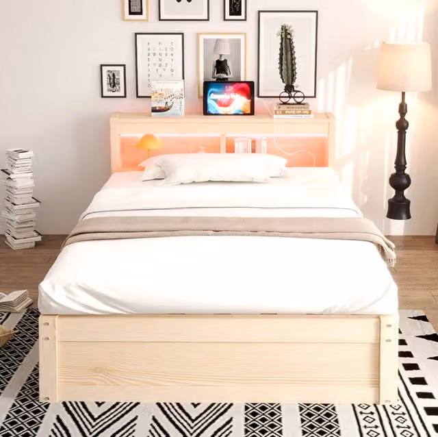 Letto singolo 90x200 cm color legno in MDF, vano contenitore idraulico, senza materasso
