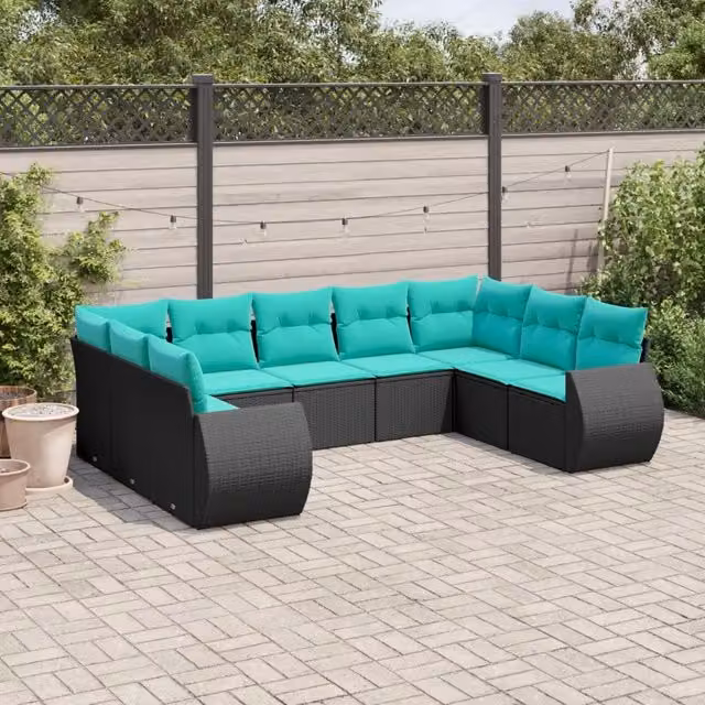 Set Divani da Giardino 9 pz con Cuscini Nero in Polyrattan 3221796