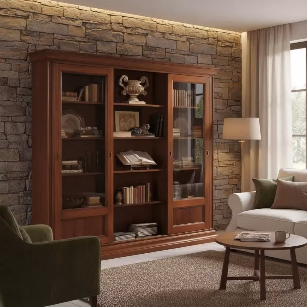 Libreria classica in legno di pioppo e vetro con ante scorrevoli color marrone Mobili 2G L/P/H: 280 x 47 x 240 cm – 2