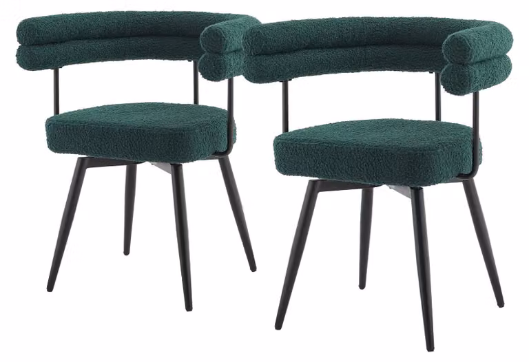 Set di 2 poltrone girevoli per sala da pranzo, verde scuro, rivestite in tessuto tipo "teddy", con rotazione a 360°