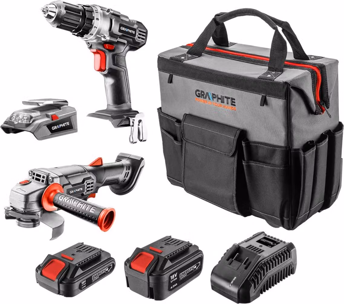 Set GRAPHITE E+: punta per trapano(58G000), levigatrice(58G003), adattatore USB(58G025), 2x pacco batteria(58G001/04), caricabatteria(58G002)