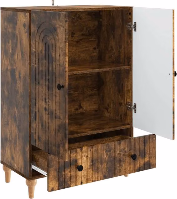 Credenza moderna in legno ingegnerizzato Rovere Fumo, ideale per soggiorno o sala da pranzo, L 66 cm x P 34,5 cm x H 95 cm