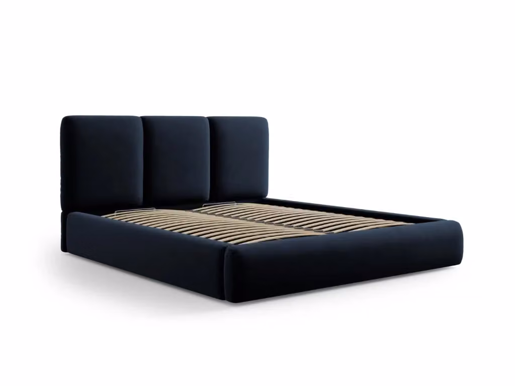 Letto con cassettone e testiera Nicolas di Cosmopolitan Design in velluto blu scuro L/P: 200 x 200 cm – 2