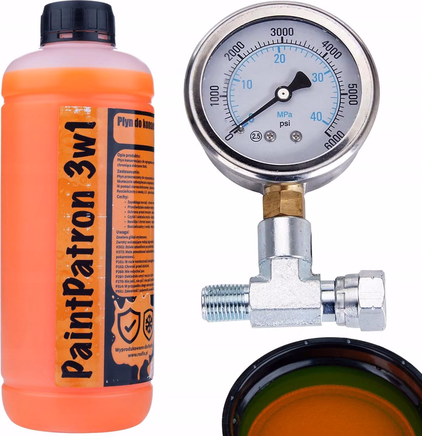 Rosfix Manometro Lineare per Unità di Verniciatura con Raccordo a T da 1/4" + Fluido di Manutenzione e Pulizia PaintPatron 3in1 1L per Unità di Verni